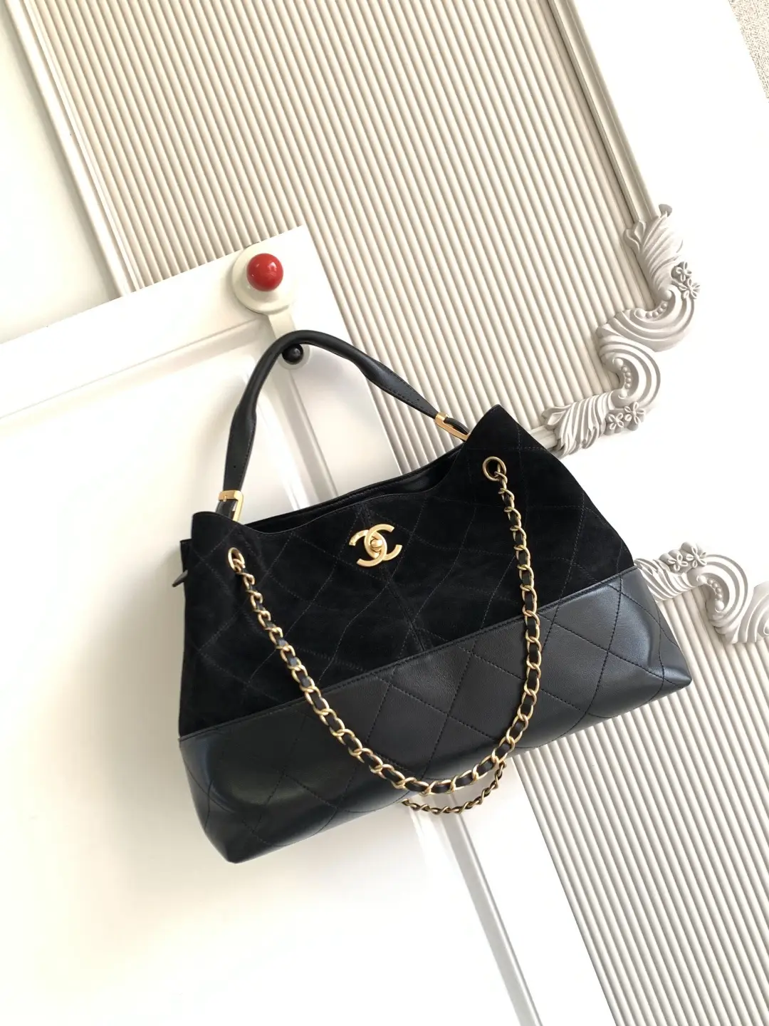 Chanel Small Shopping Bag Suede Calfskin AS5634 Black