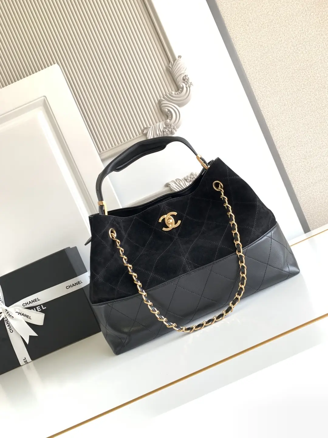 Chanel Small Shopping Bag Suede Calfskin AS5634 Black