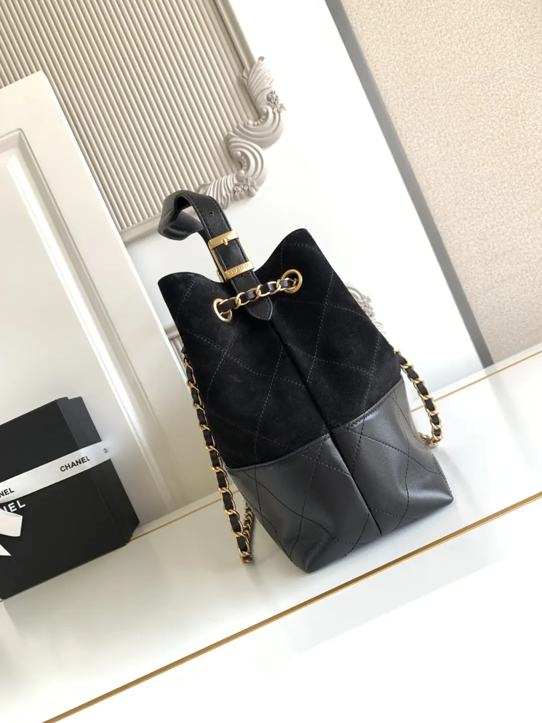 Chanel Small Shopping Bag Suede Calfskin AS5634 Black