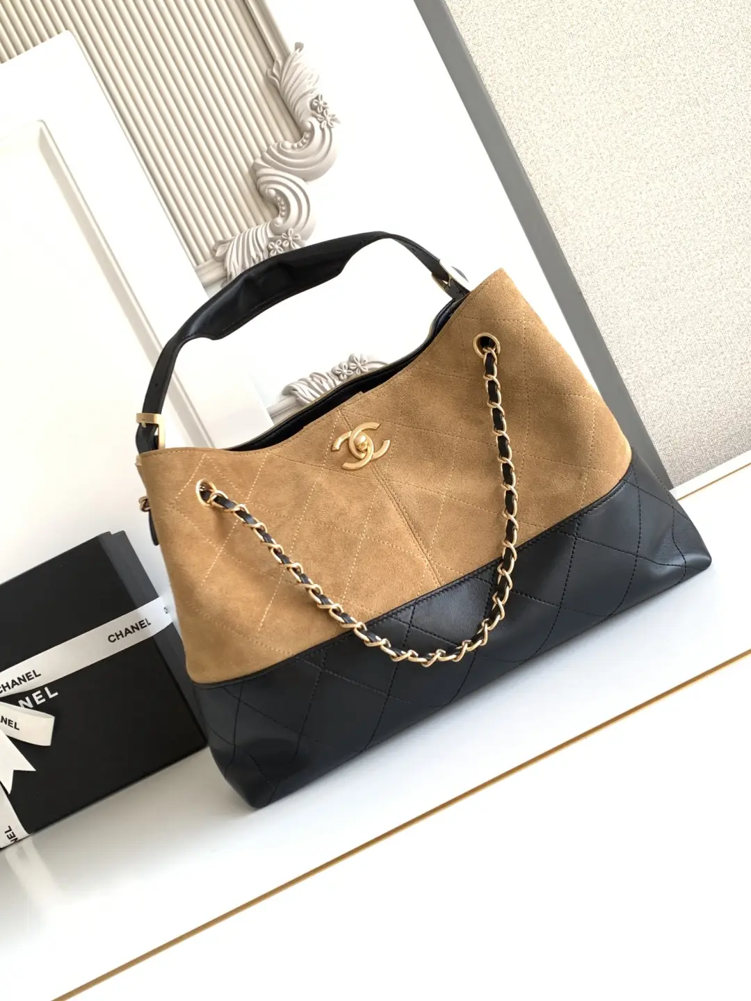 Chanel Small Shopping Bag Suede Calfskin AS5634 Brown