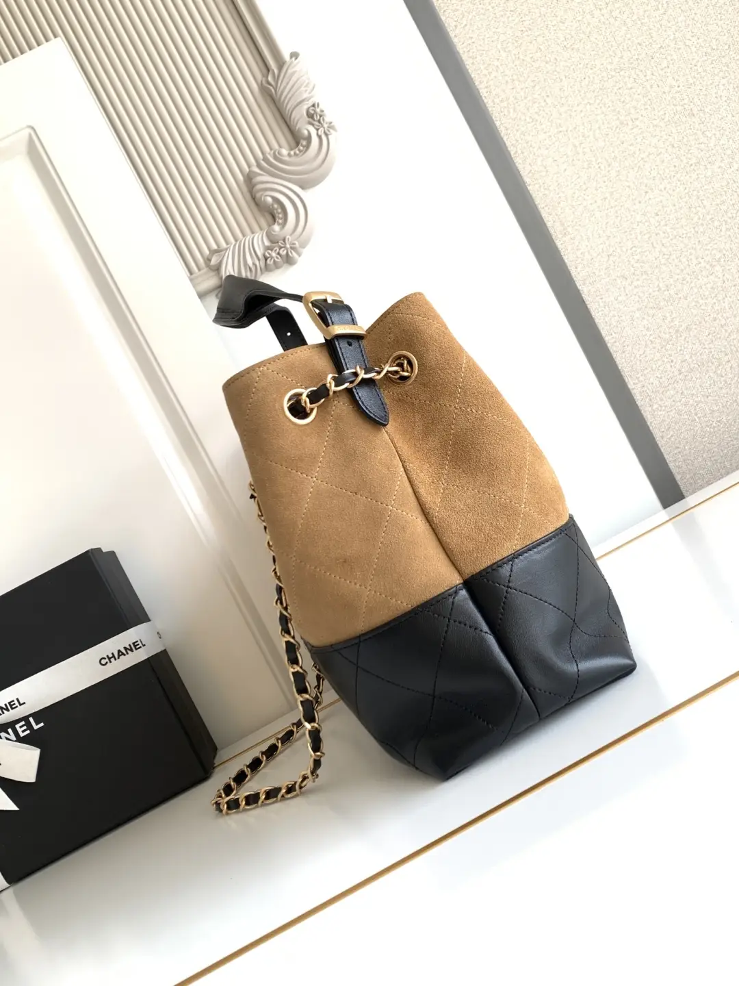 Chanel Small Shopping Bag Suede Calfskin AS5634 Brown