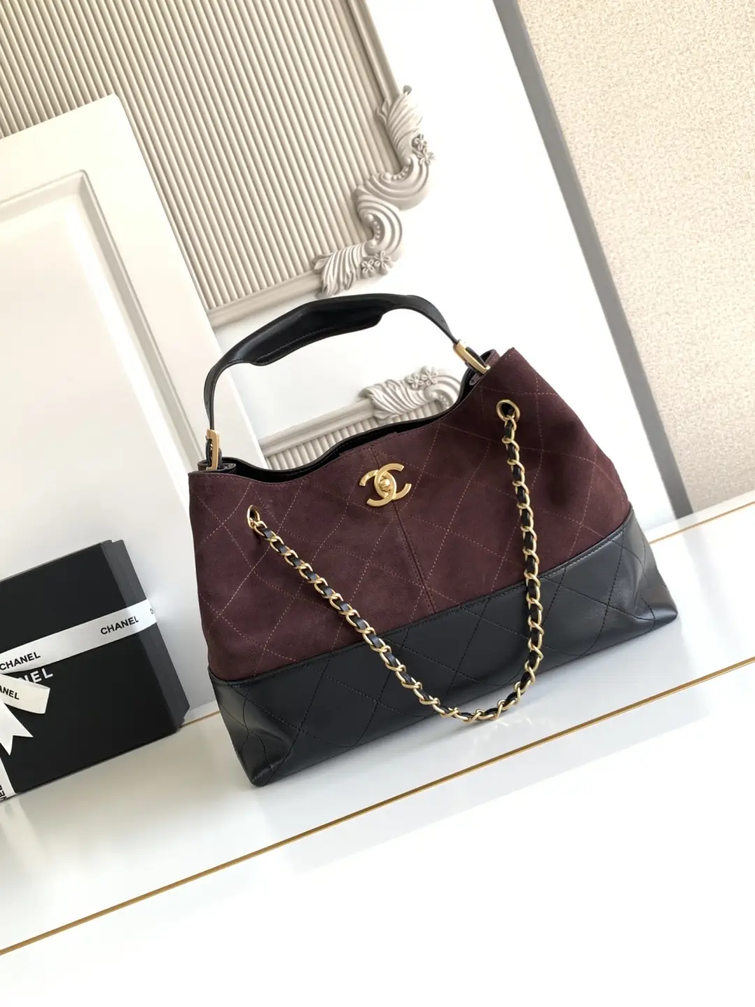Chanel Small Shopping Bag Suede Calfskin AS5634 Burgundy