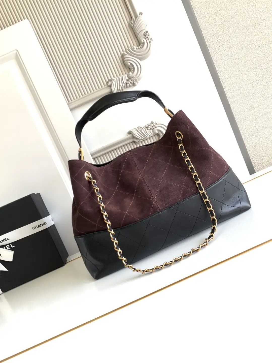 Chanel Small Shopping Bag Suede Calfskin AS5634 Burgundy