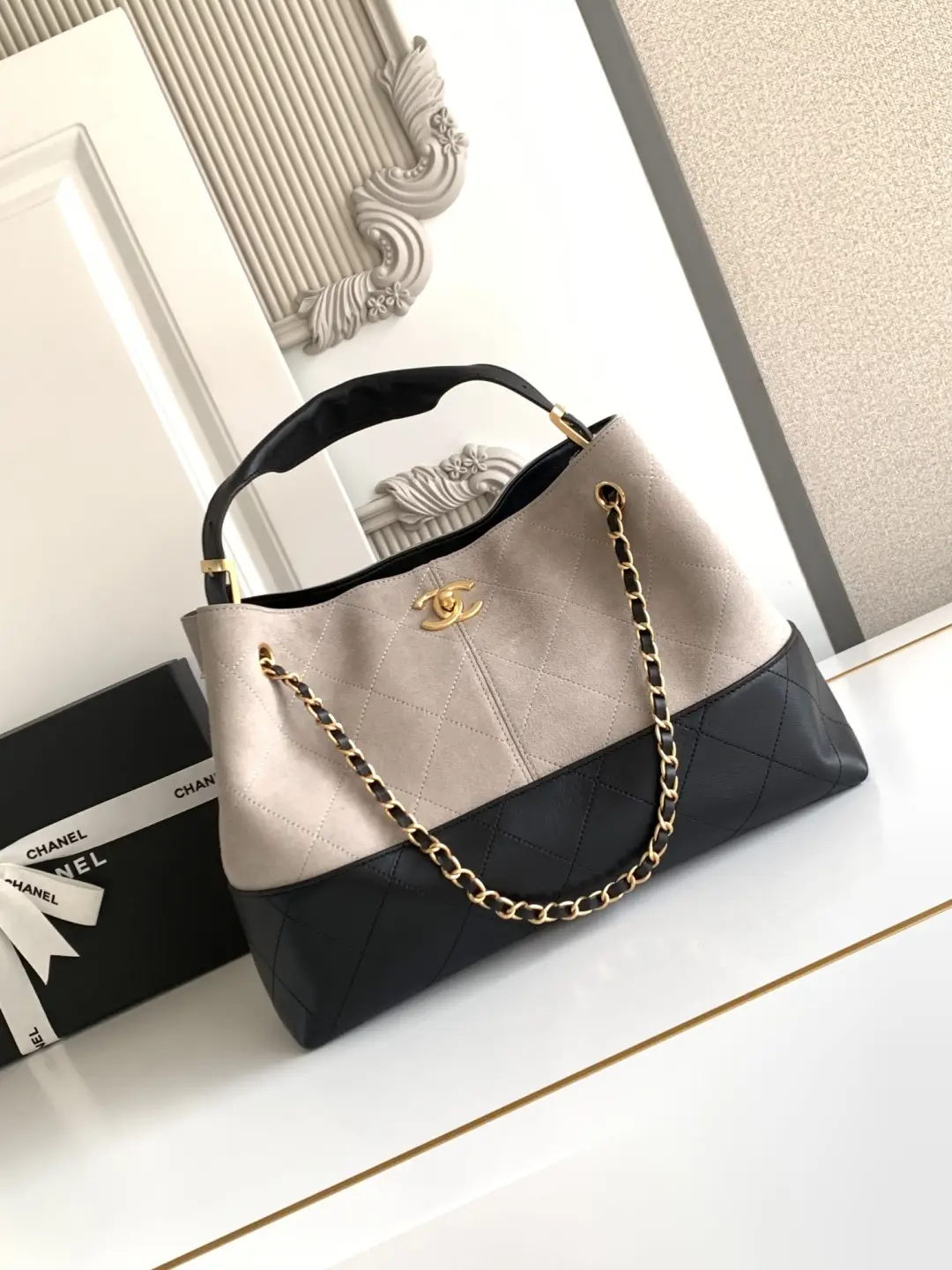 Chanel Small Shopping Bag Suede Calfskin AS5634 Grey