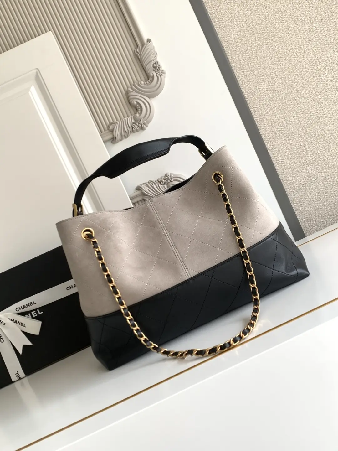 Chanel Small Shopping Bag Suede Calfskin AS5634 Grey