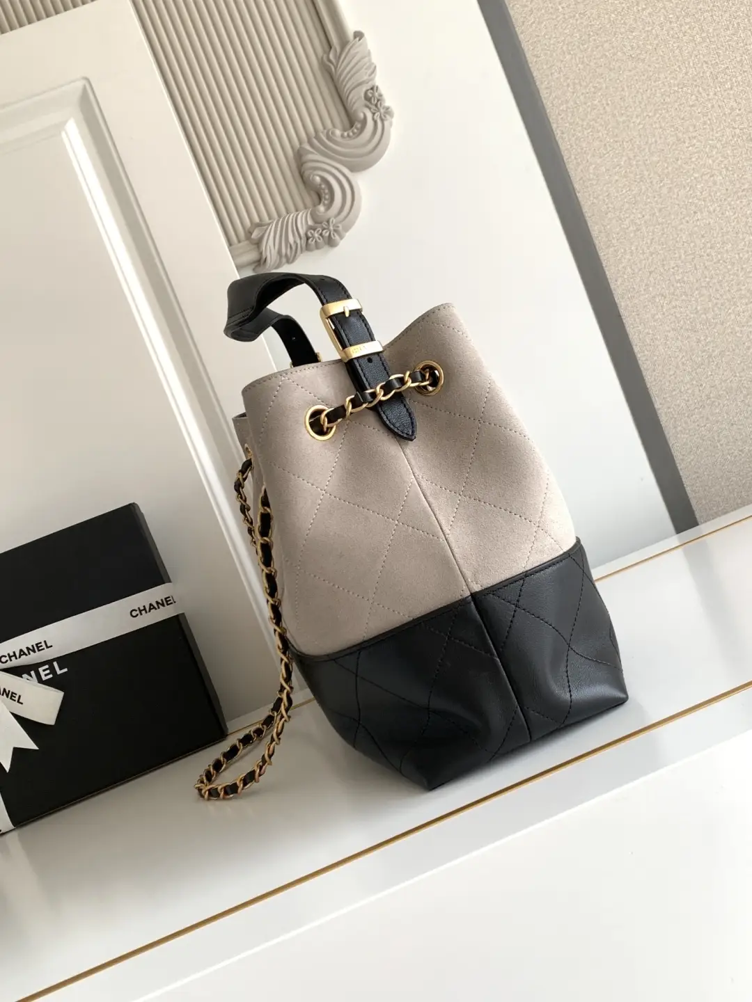 Chanel Small Shopping Bag Suede Calfskin AS5634 Grey