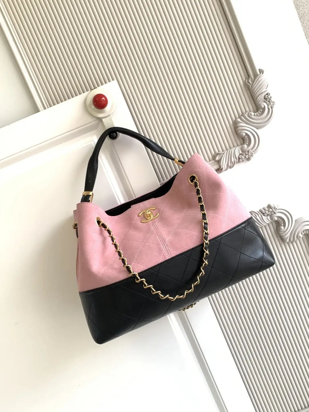 Chanel Small Shopping Bag Suede Calfskin AS5634 Pink