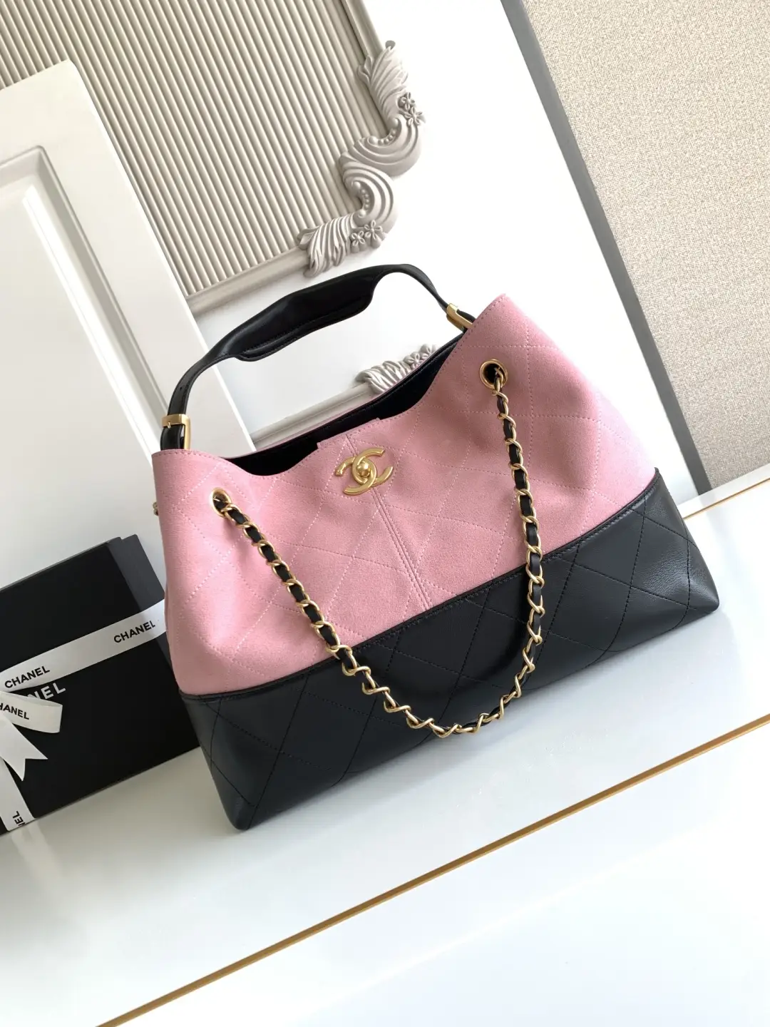 Chanel Small Shopping Bag Suede Calfskin AS5634 Pink
