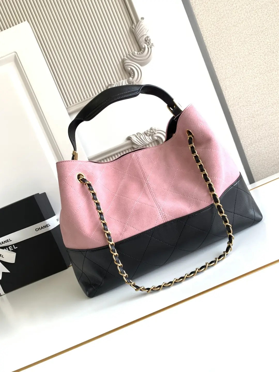 Chanel Small Shopping Bag Suede Calfskin AS5634 Pink