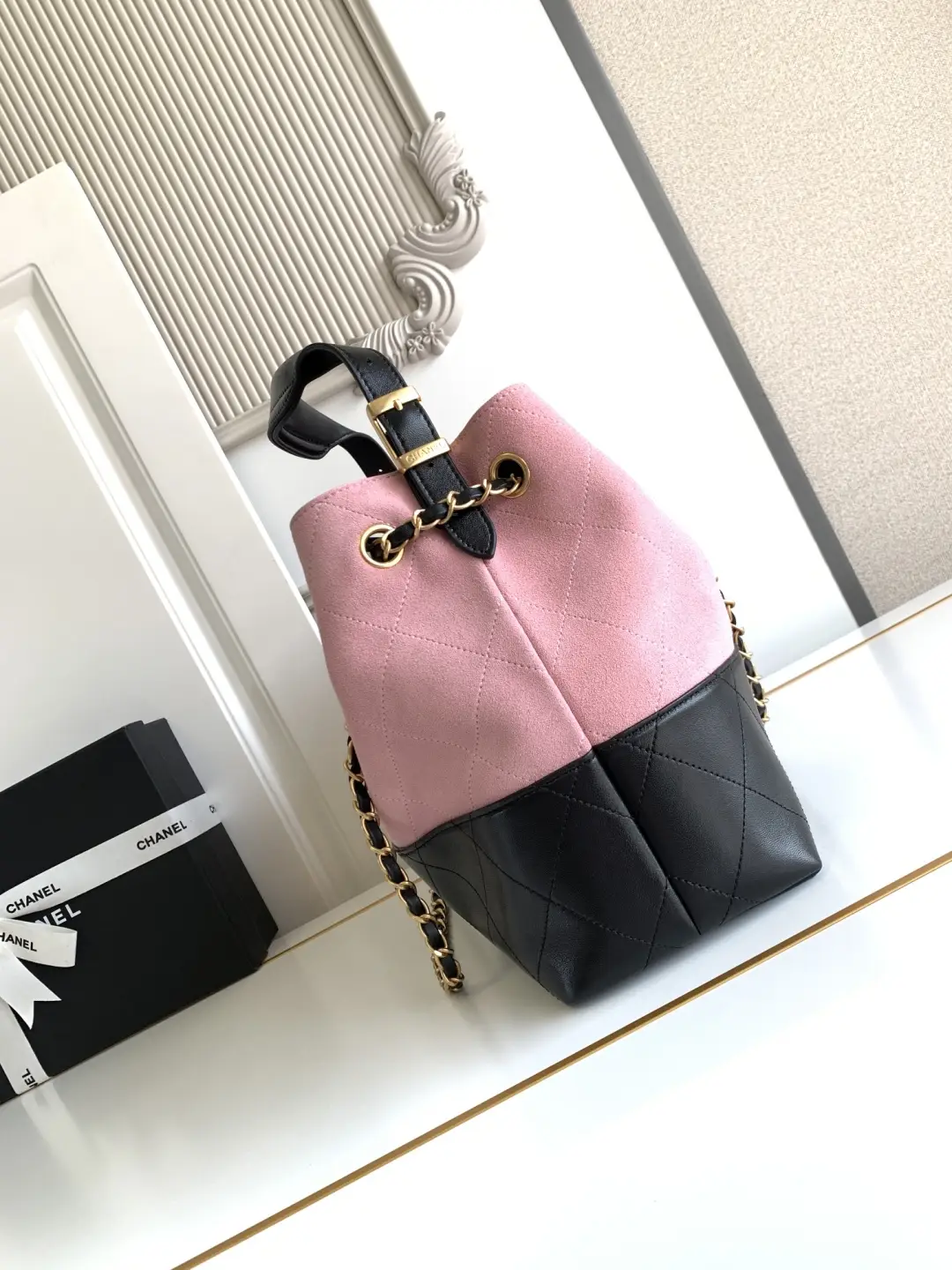 Chanel Small Shopping Bag Suede Calfskin AS5634 Pink