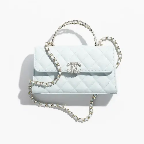 Chanel Phone Holder With Chain Light Blue