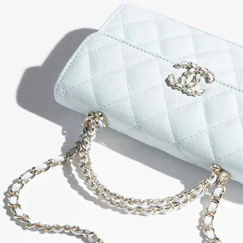 Chanel Phone Holder With Chain Light Blue