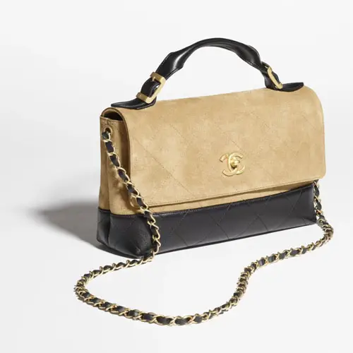 Large Flap Bag With Handle Beige and Black