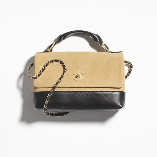 Large Flap Bag With Handle Beige and Black