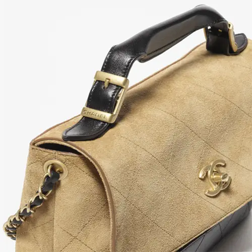 Large Flap Bag With Handle Beige and Black