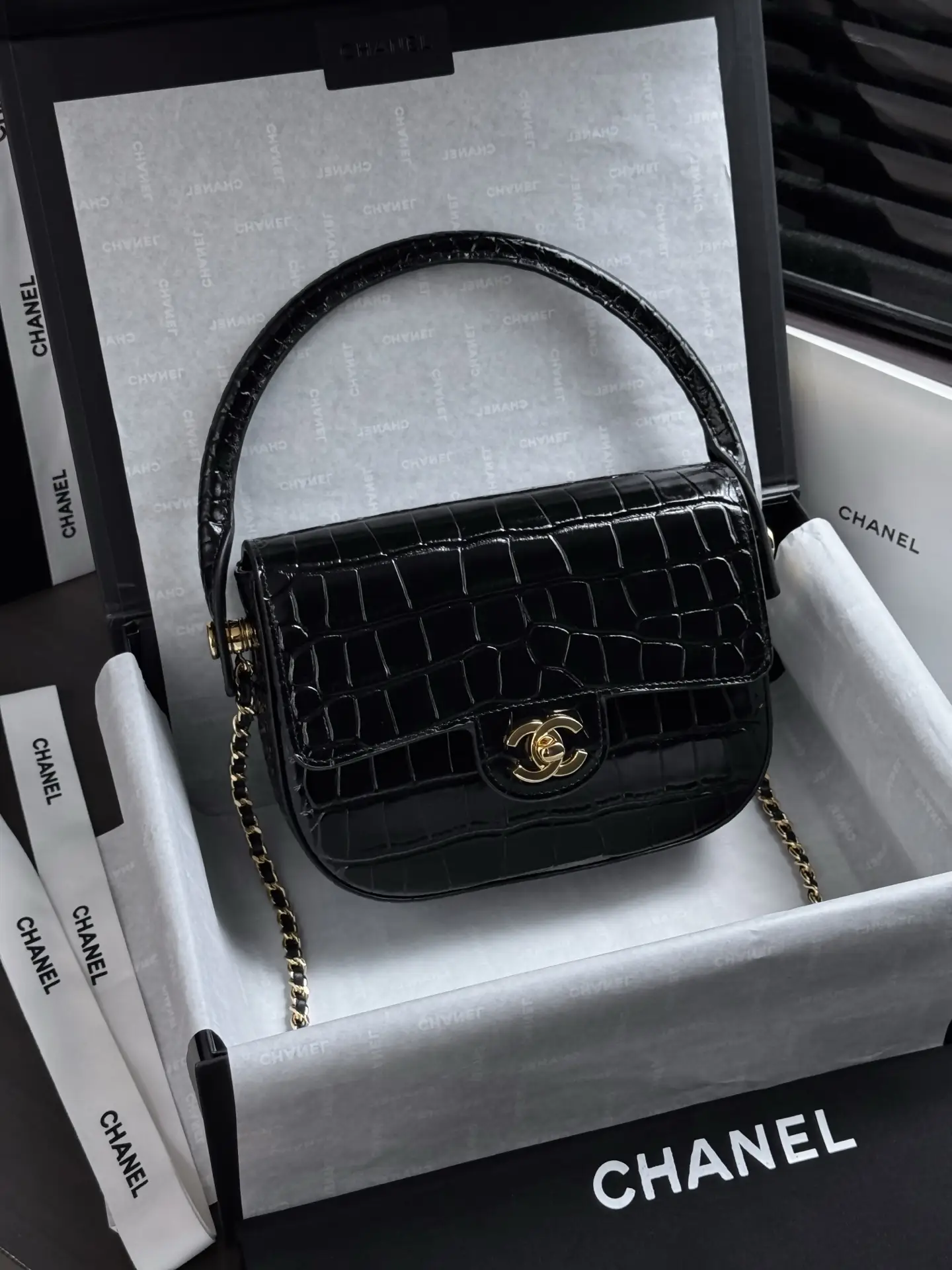 Mini Flap Bag With Top Handle AS6424 Black Crocodile Embossed
