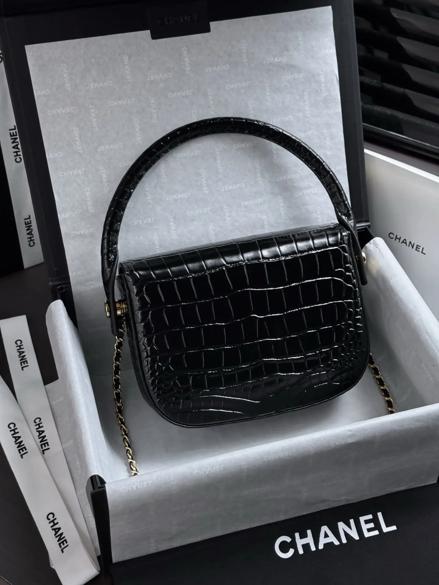 Mini Flap Bag With Top Handle AS6424 Black Crocodile Embossed