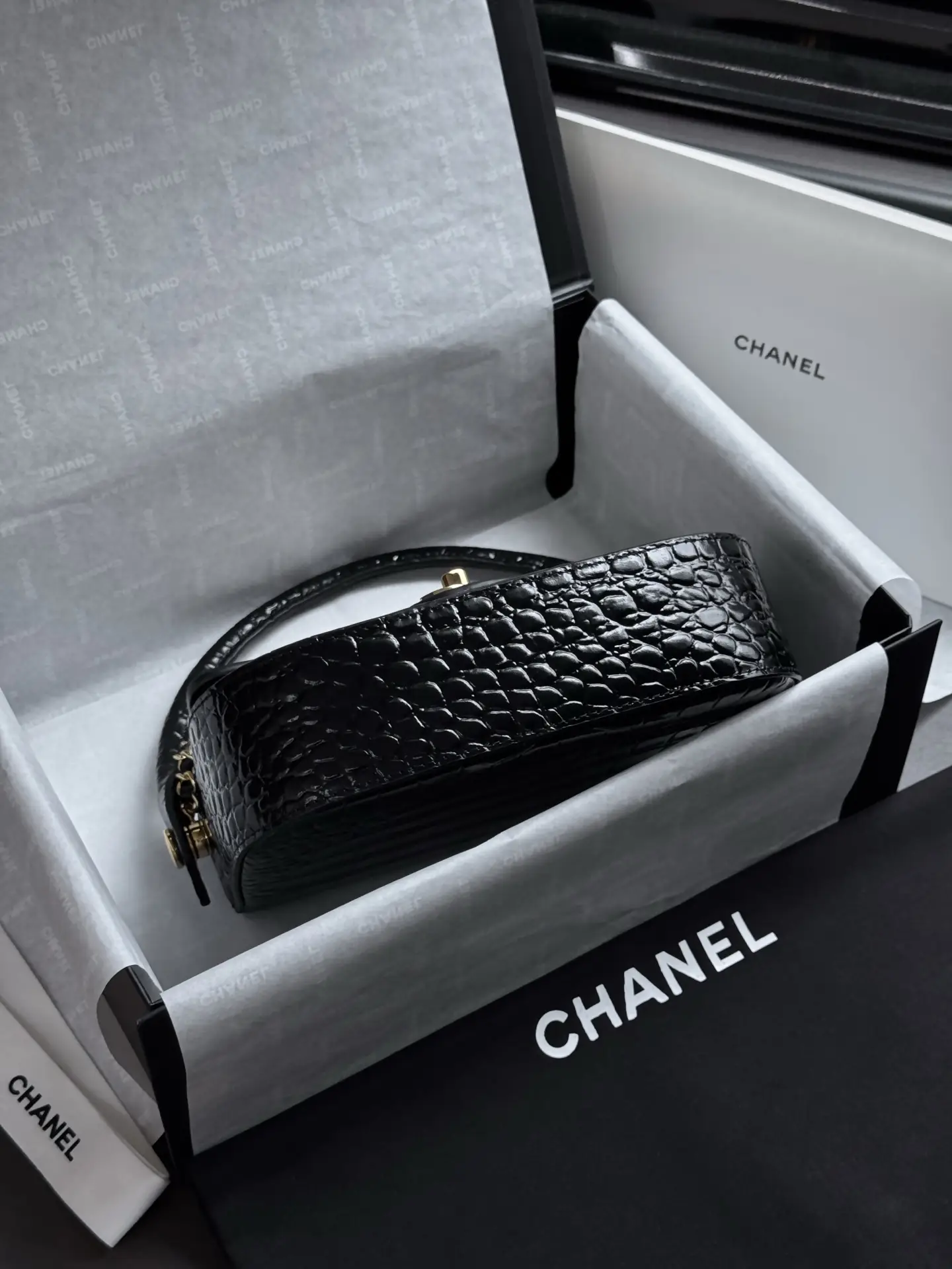 Mini Flap Bag With Top Handle AS6424 Black Crocodile Embossed