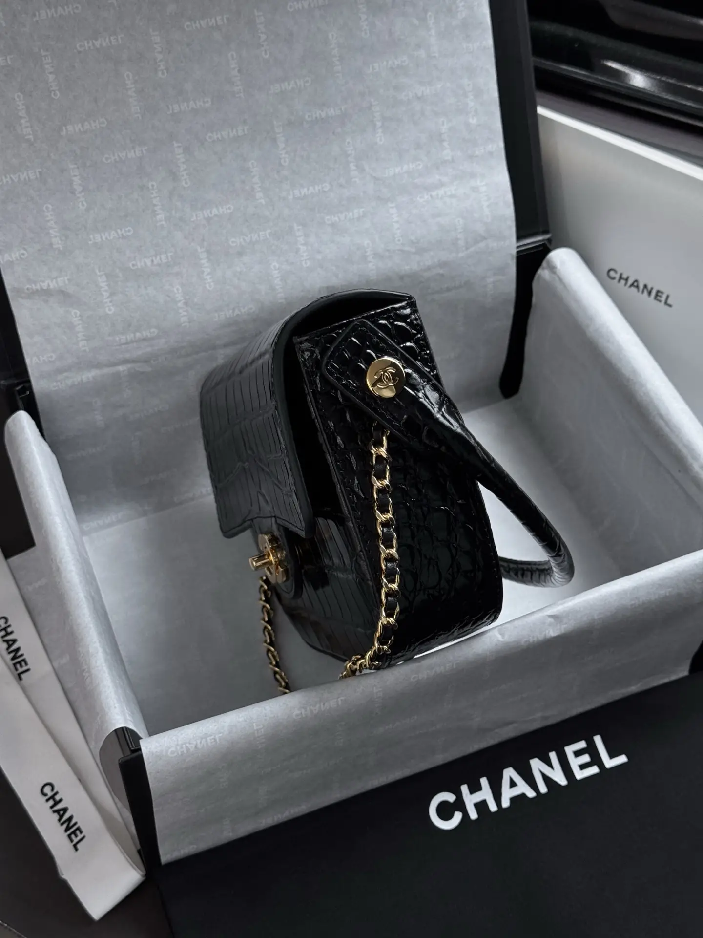 Mini Flap Bag With Top Handle AS6424 Black Crocodile Embossed