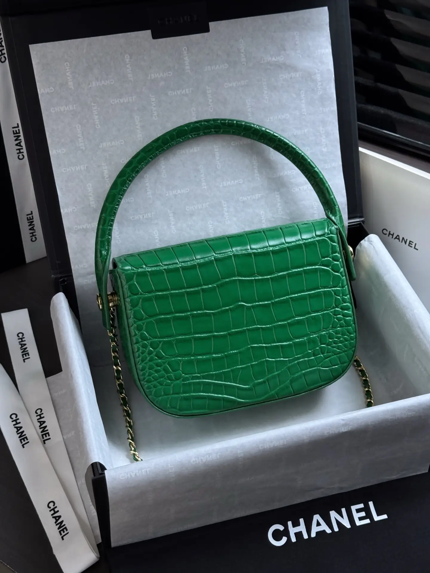 Mini Flap Bag With Top Handle AS6424 Green Crocodile Embossed