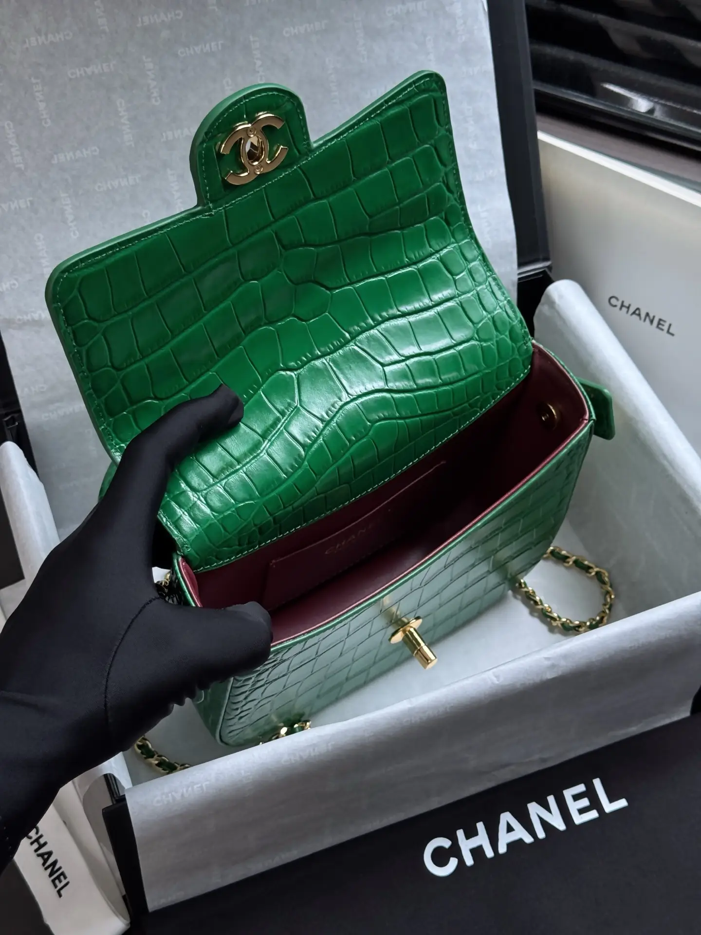 Mini Flap Bag With Top Handle AS6424 Green Crocodile Embossed