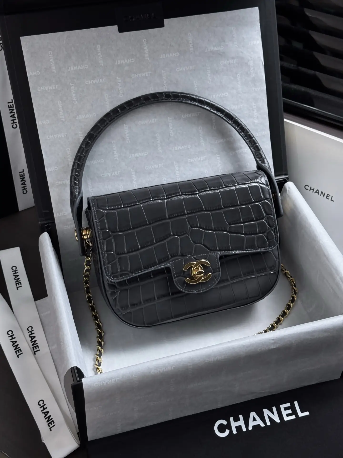Mini Flap Bag With Top Handle AS6424 Grey Crocodile Embossed