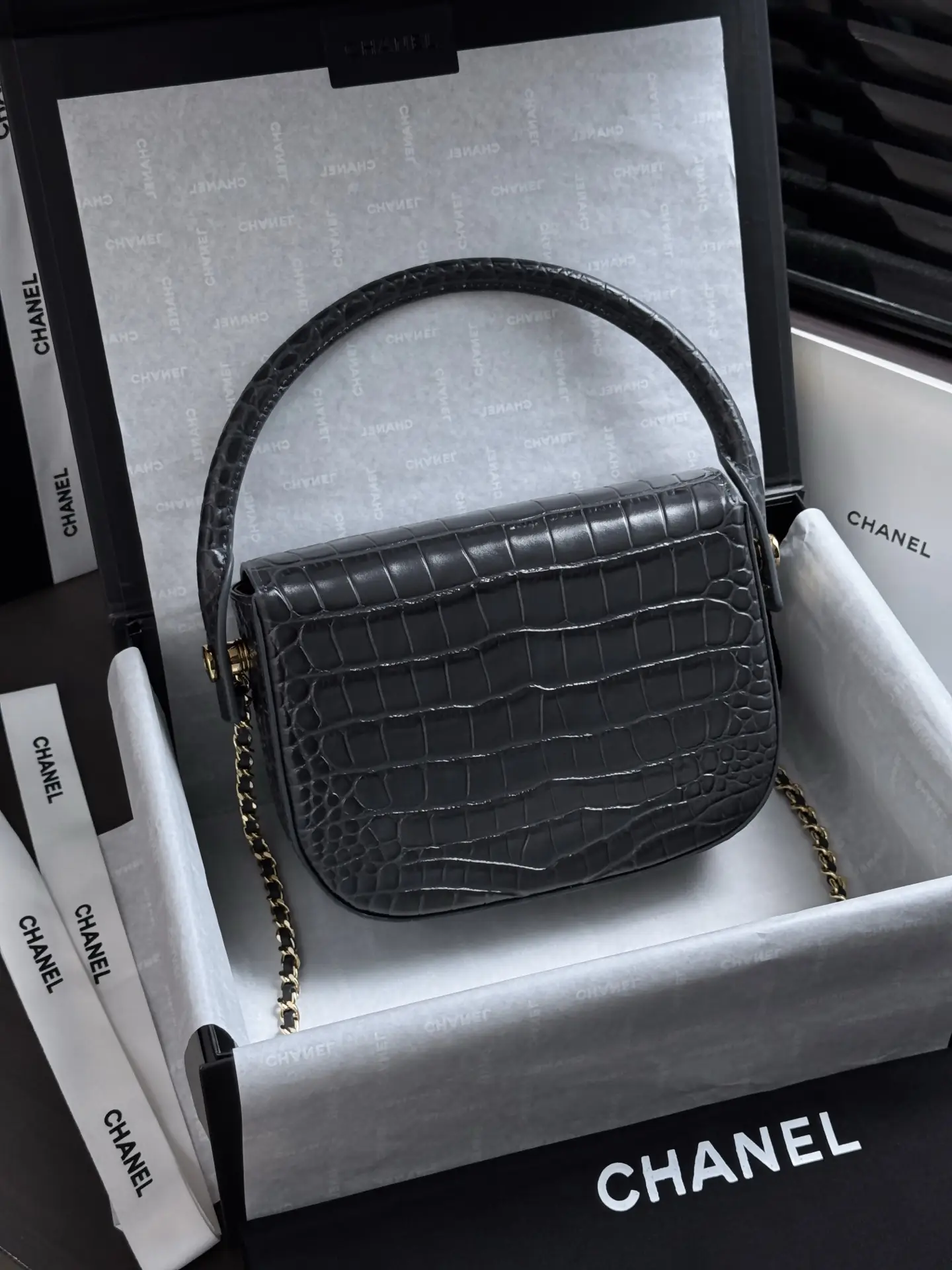 Mini Flap Bag With Top Handle AS6424 Grey Crocodile Embossed