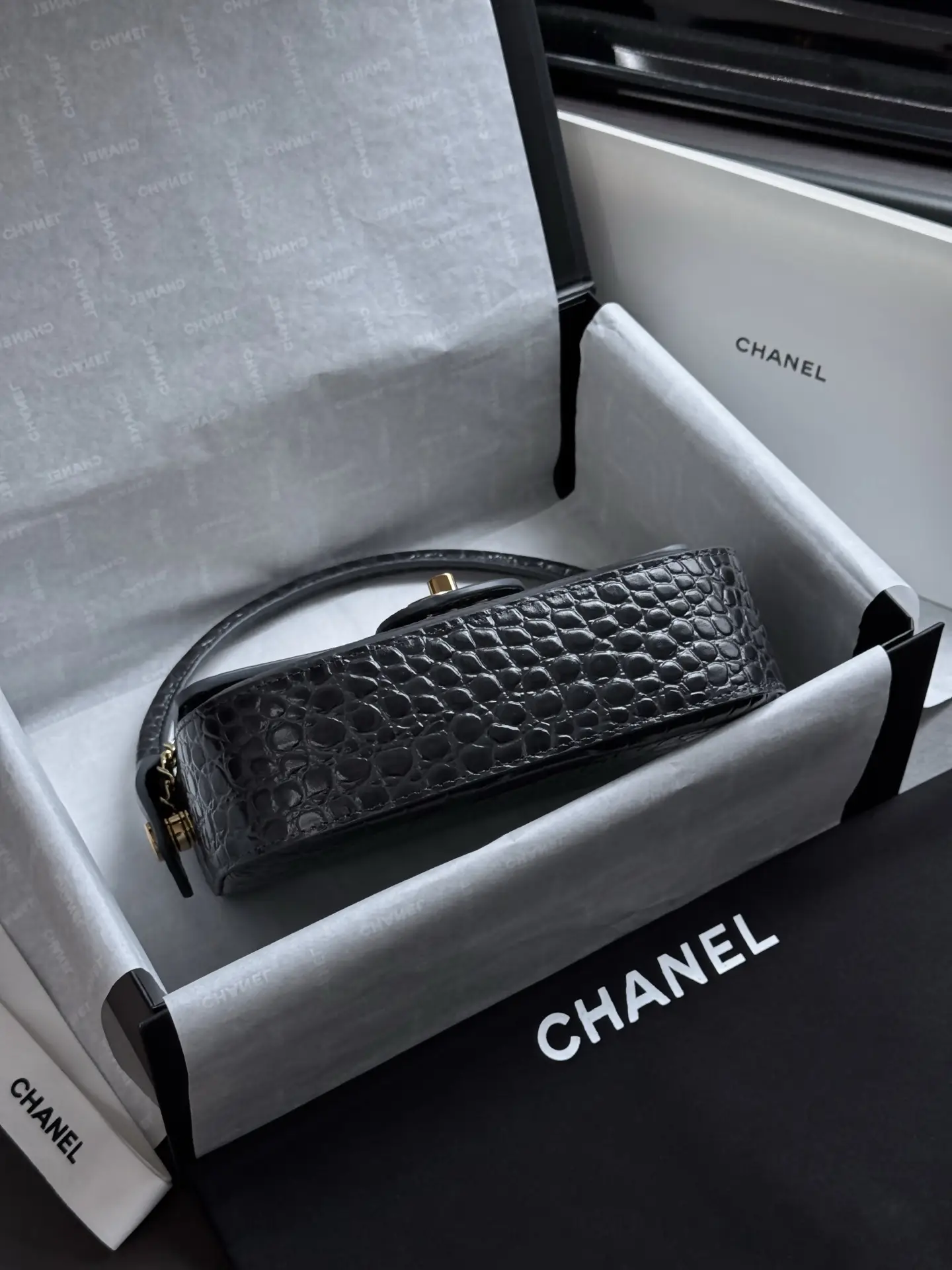Mini Flap Bag With Top Handle AS6424 Grey Crocodile Embossed