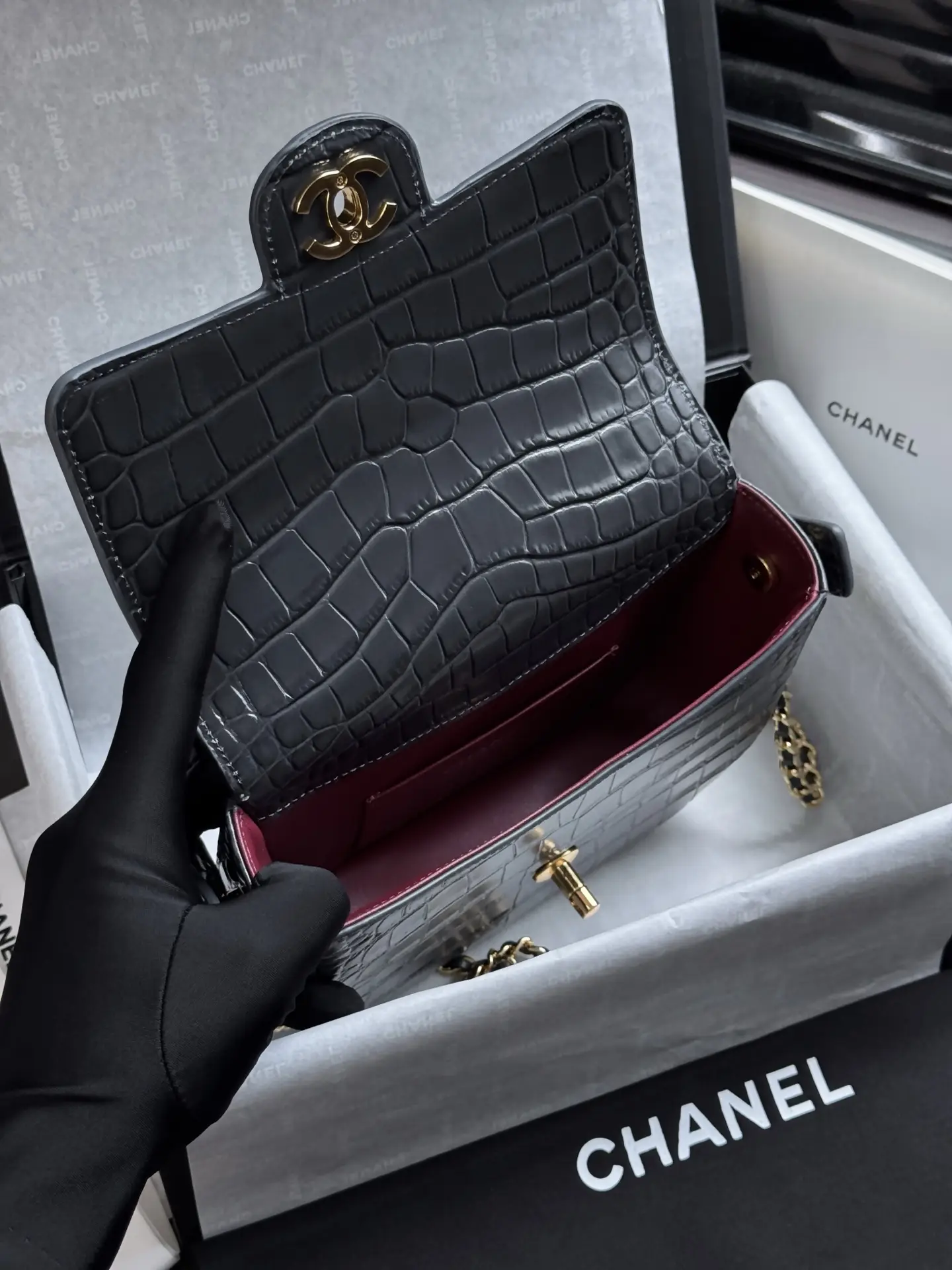 Mini Flap Bag With Top Handle AS6424 Grey Crocodile Embossed