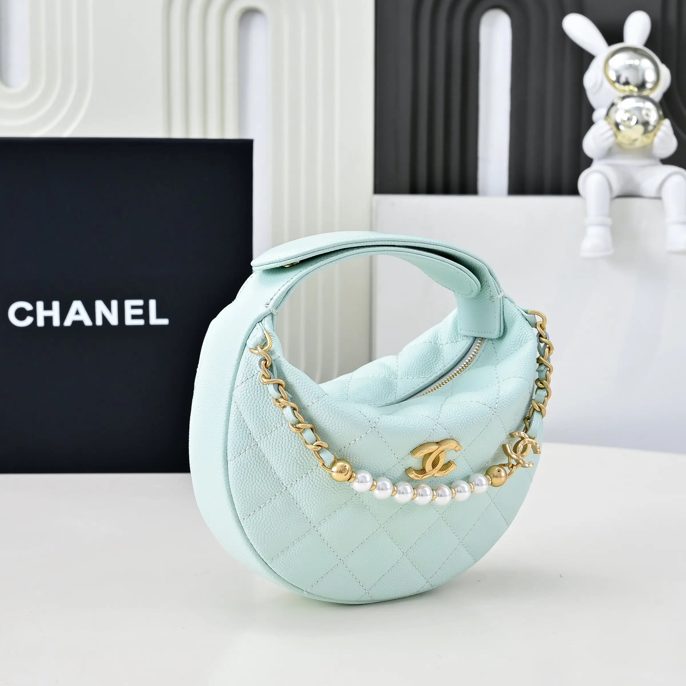 Chanel Pearl Chain Handbag Light Blue
