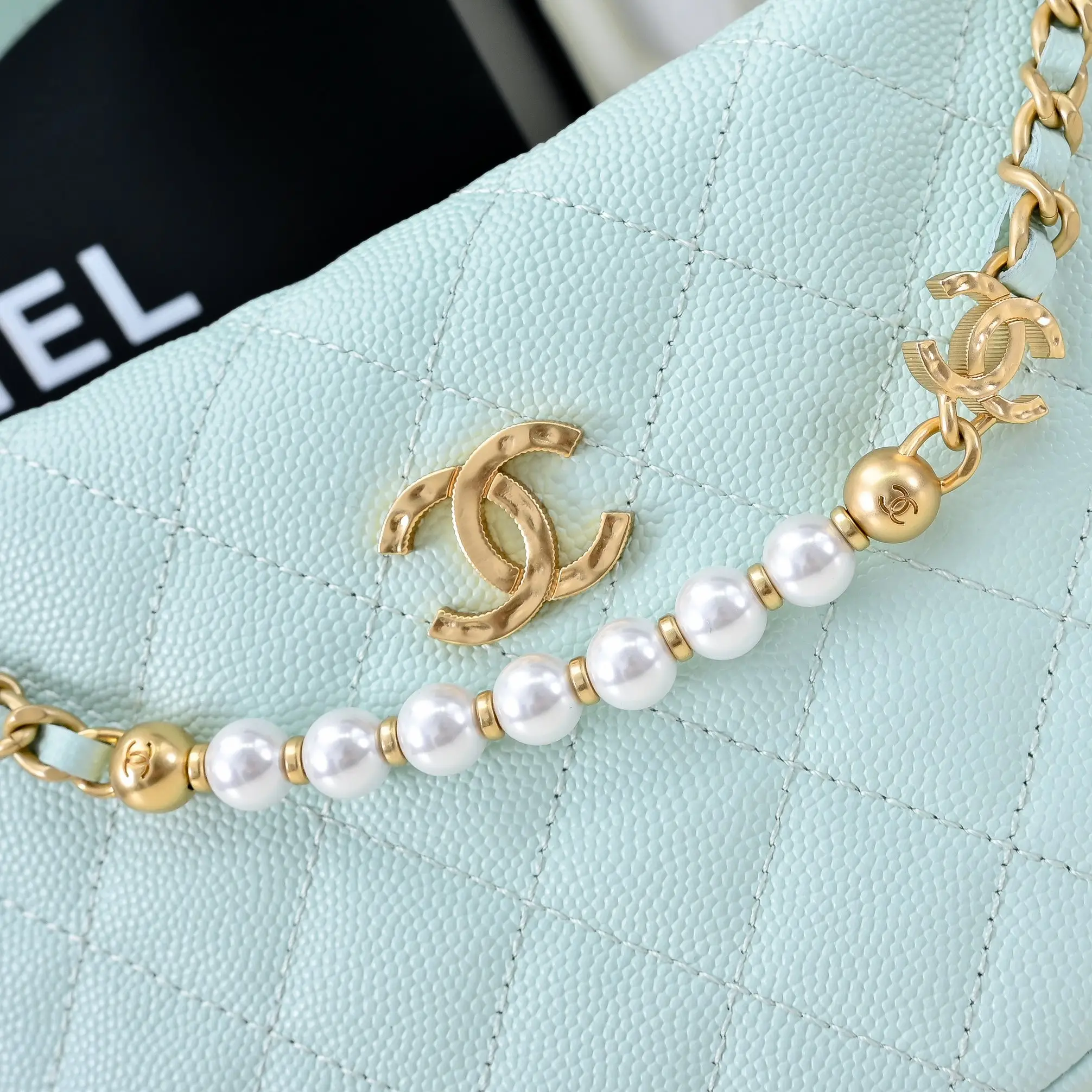 Chanel Pearl Chain Handbag Light Blue