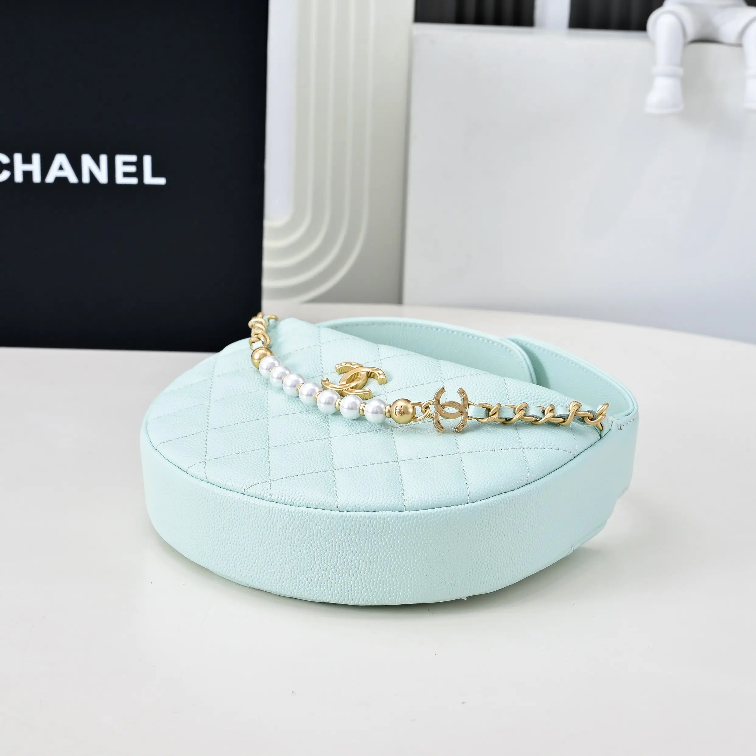 Chanel Pearl Chain Handbag Light Blue