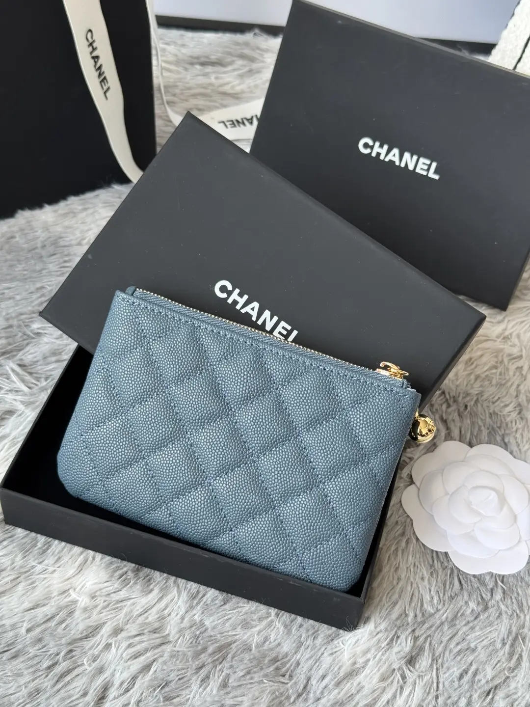 Chanel Pendant Zip Wallet Gray-blue