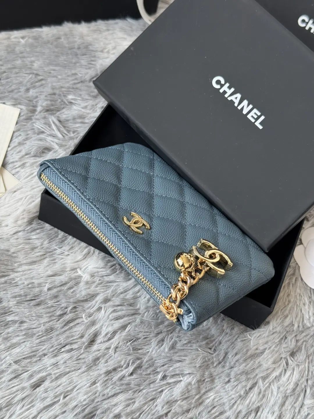 Chanel Pendant Zip Wallet Gray-blue