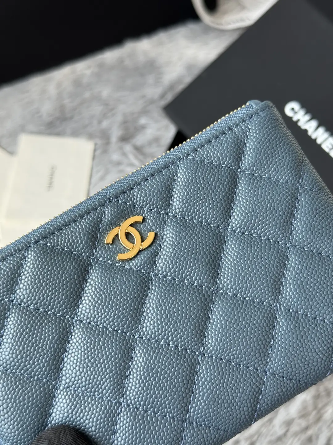 Chanel Pendant Zip Wallet Gray-blue