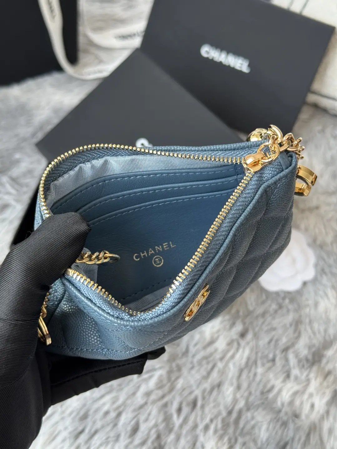 Chanel Pendant Zip Wallet Gray-blue