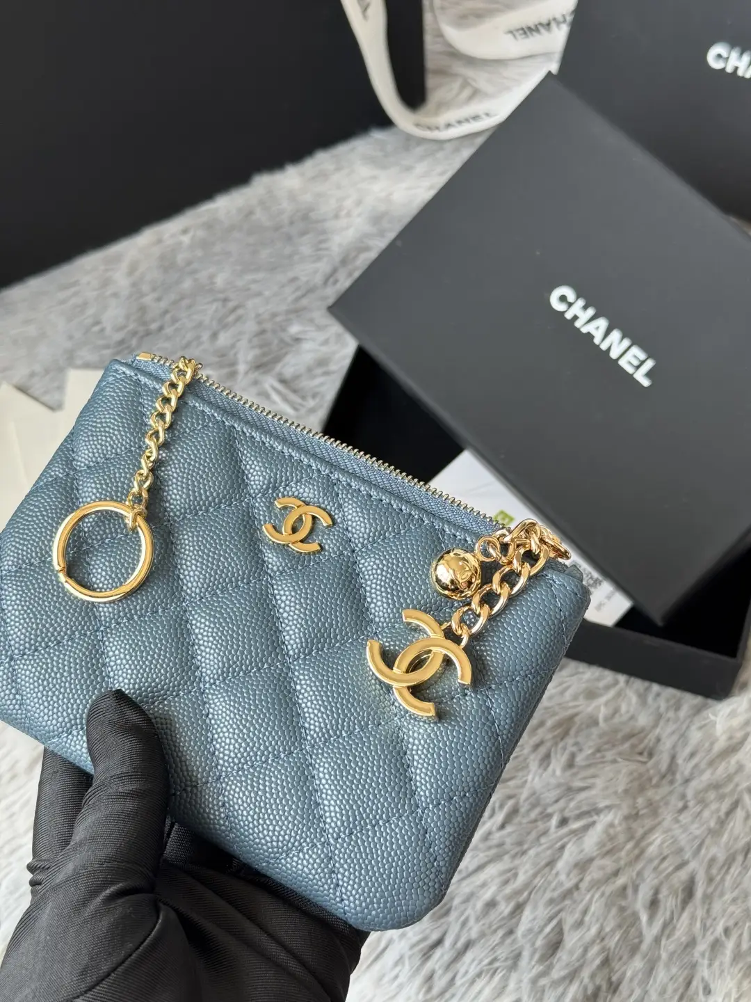 Chanel Pendant Zip Wallet Gray-blue