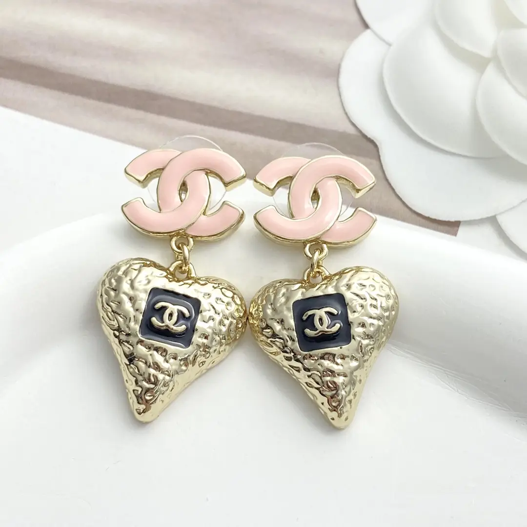 Chanel Pink Enamel Double C Lava Heart Earrings