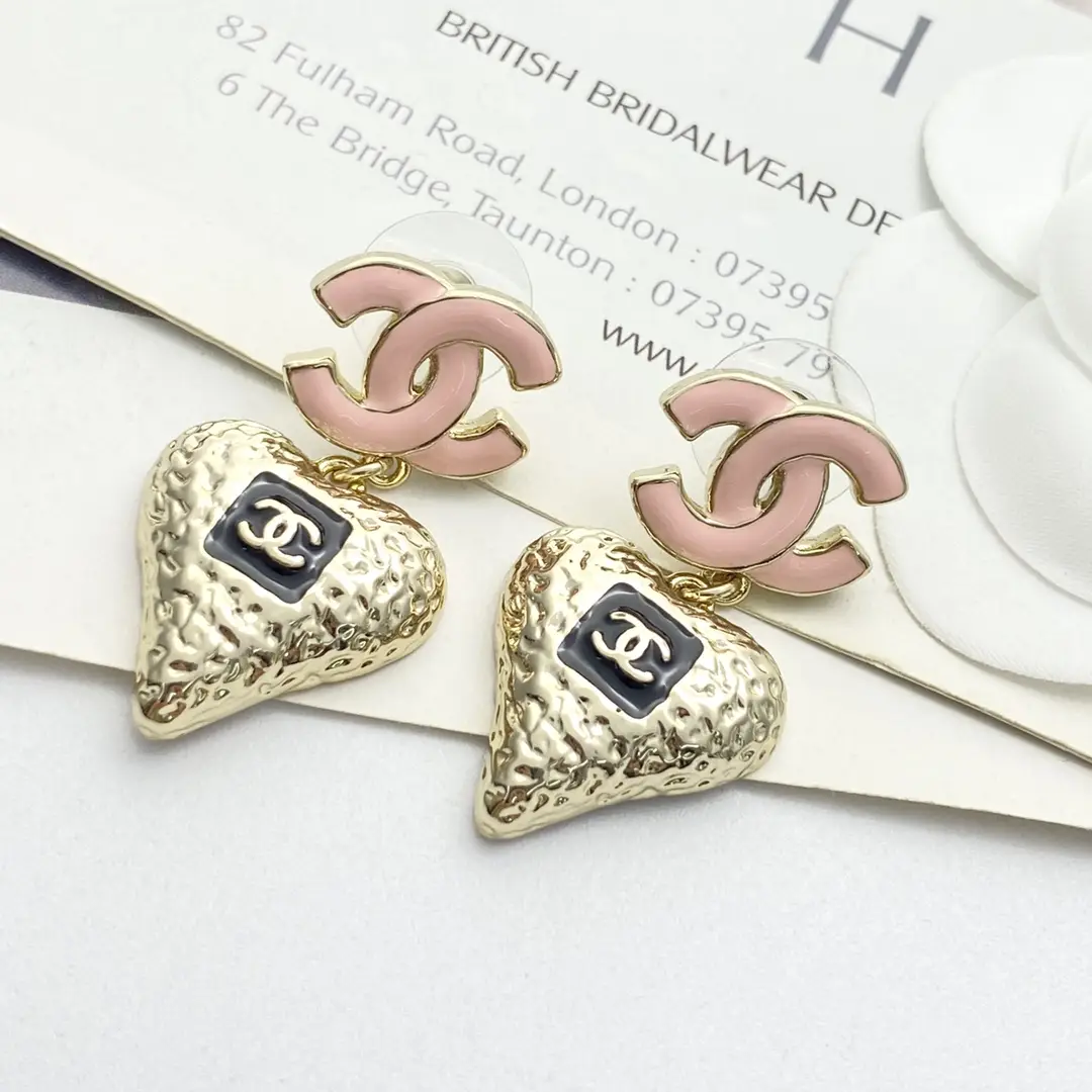 Chanel Pink Enamel Double C Lava Heart Earrings