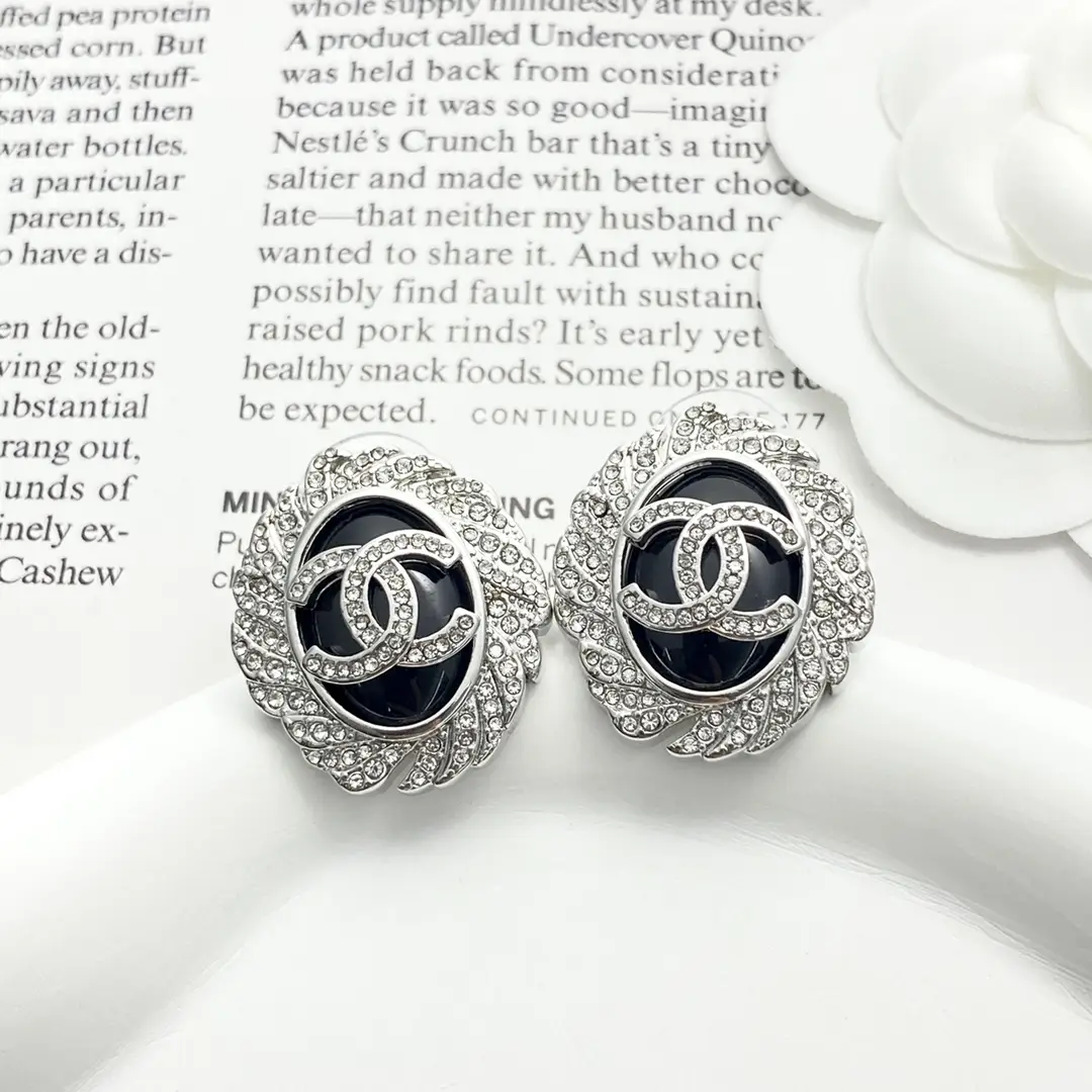 Chanel diamond black oval gemstone stud earrings