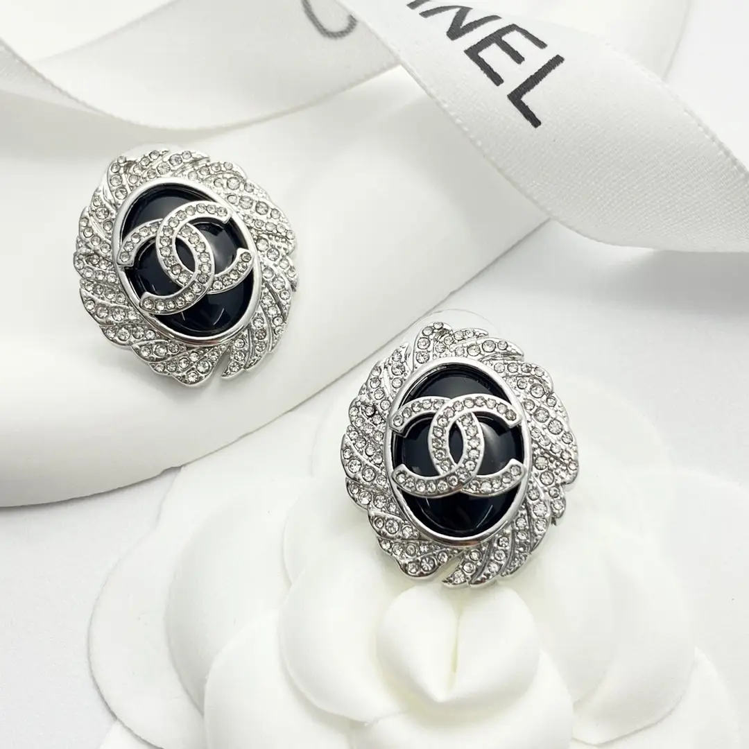 Chanel diamond black oval gemstone stud earrings