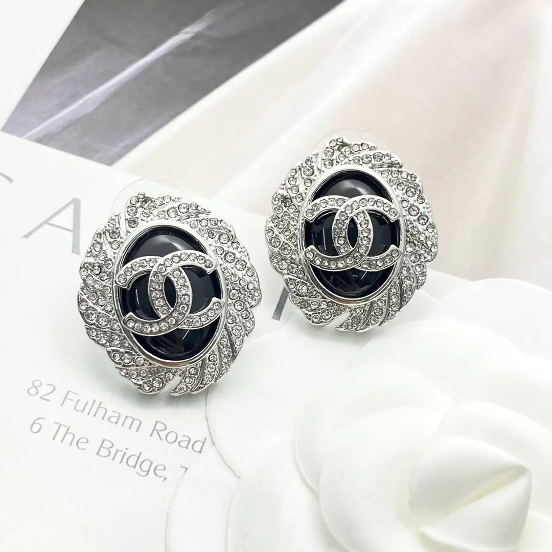 Chanel diamond black oval gemstone stud earrings