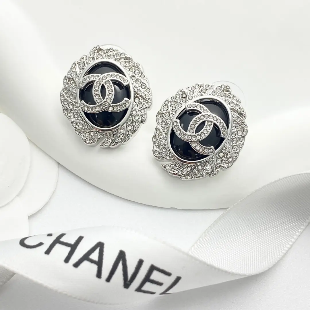 Chanel diamond black oval gemstone stud earrings