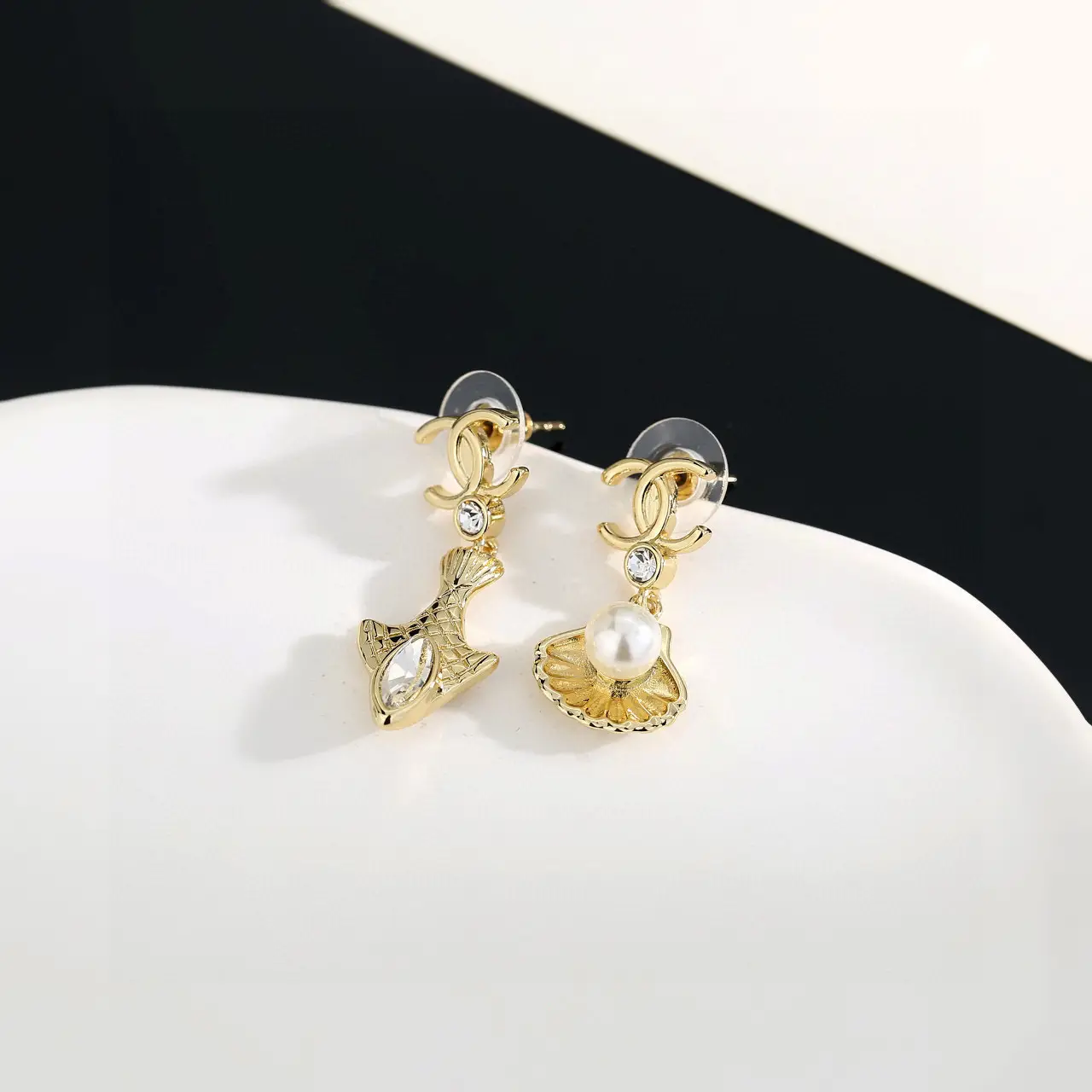 Chanel gold diamond scallop pearl earrings