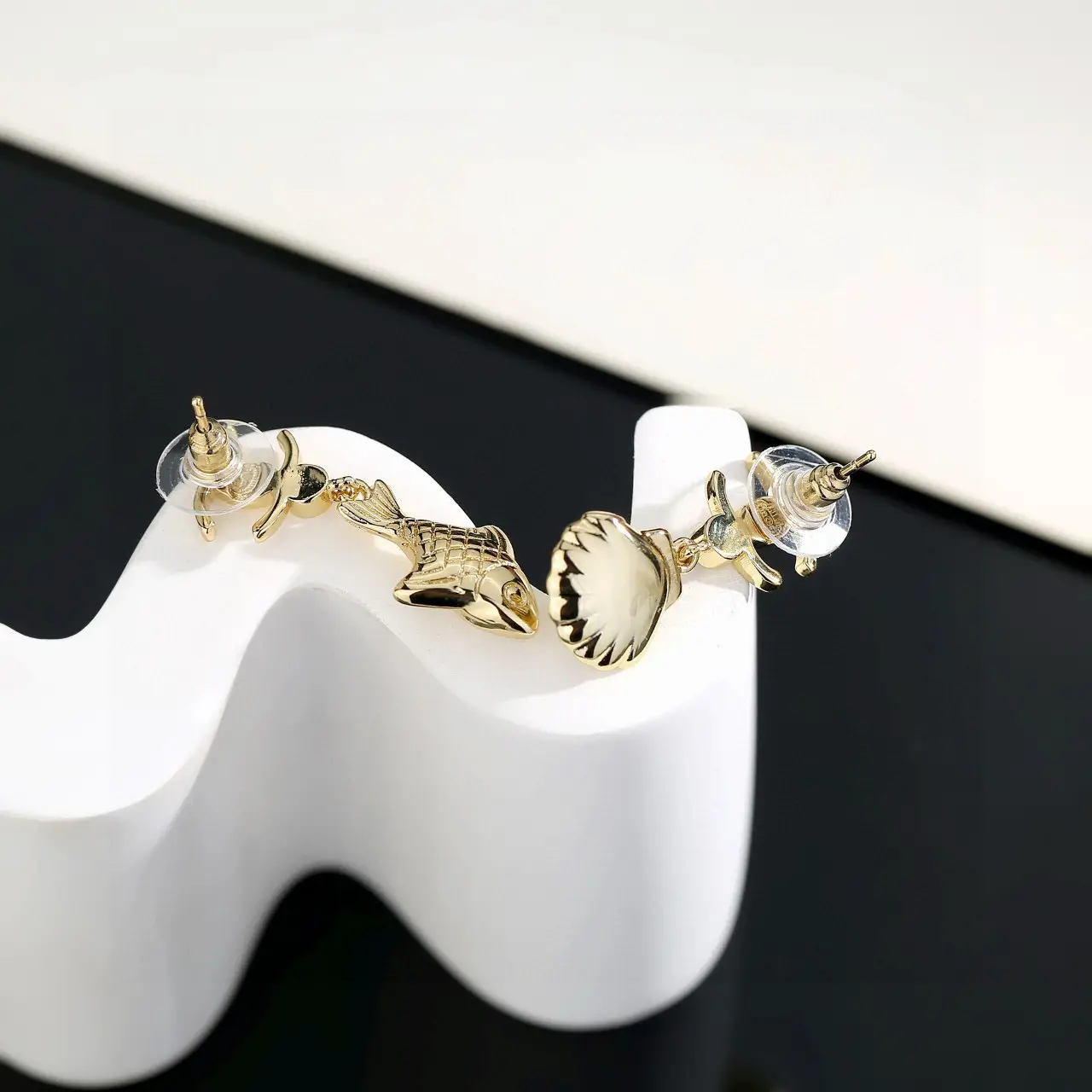 Chanel gold diamond scallop pearl earrings