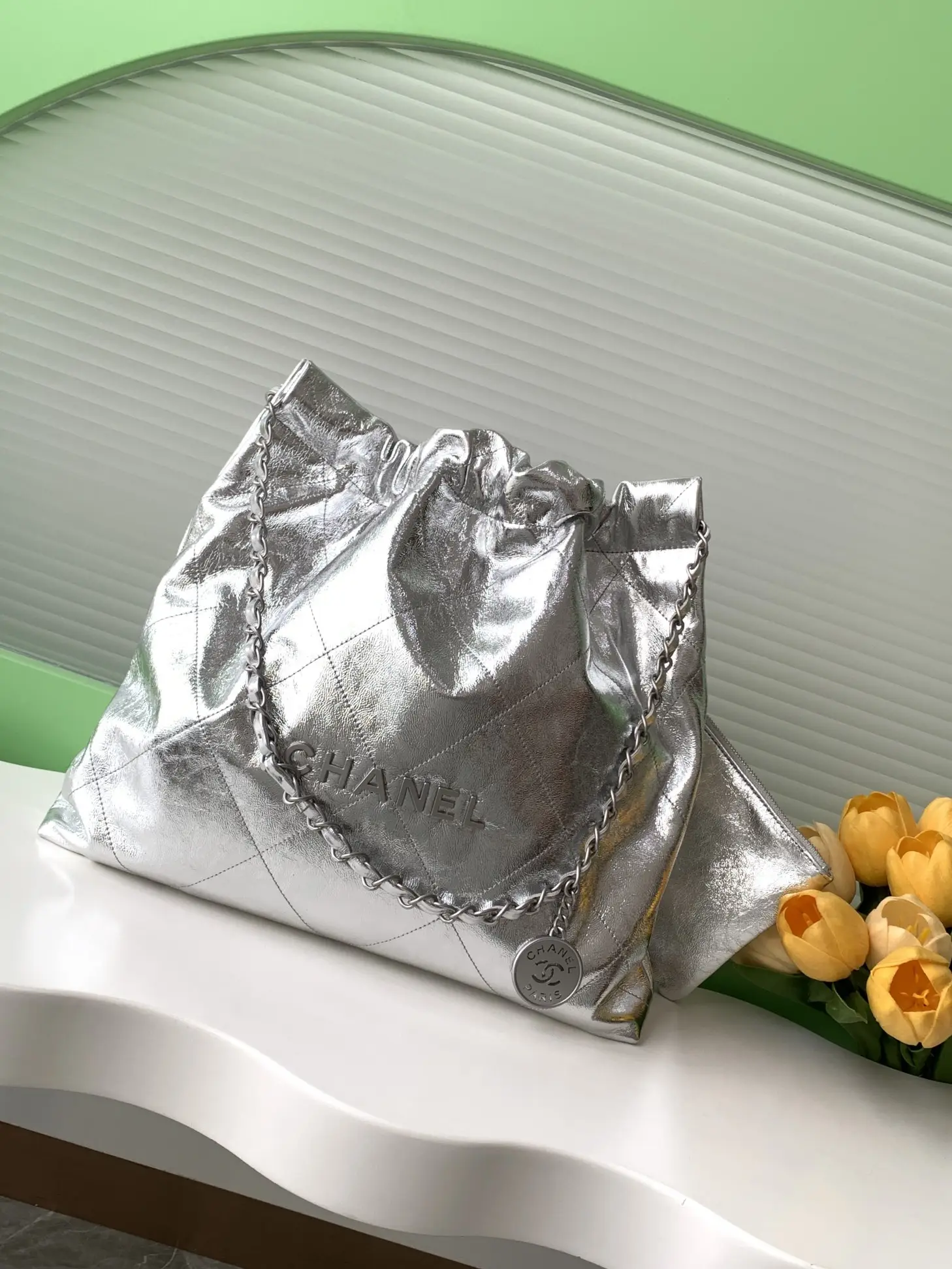 Chanel 22 Small Handbag AS3260 Sliver