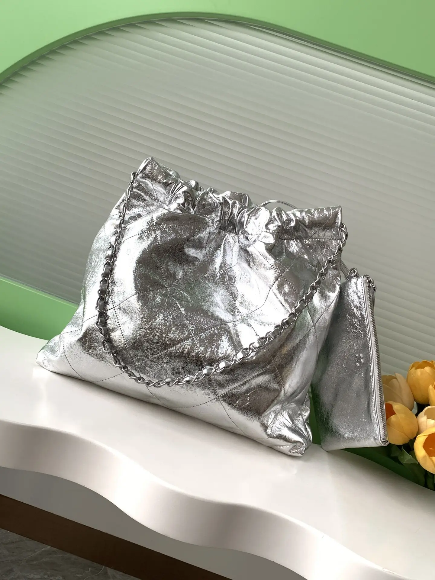 Chanel 22 Small Handbag AS3260 Sliver