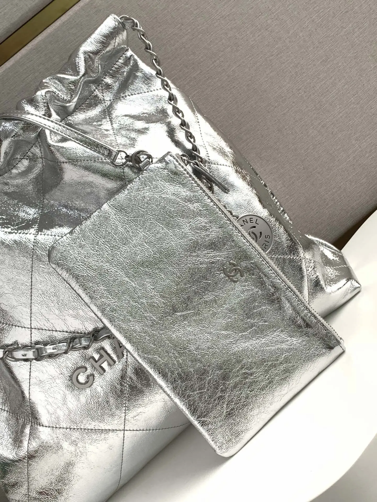 Chanel 22 Small Handbag AS3260 Sliver