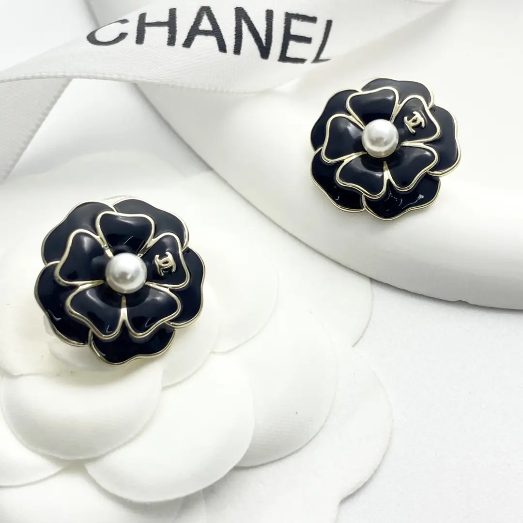 Chanel Black Camellia Earrings