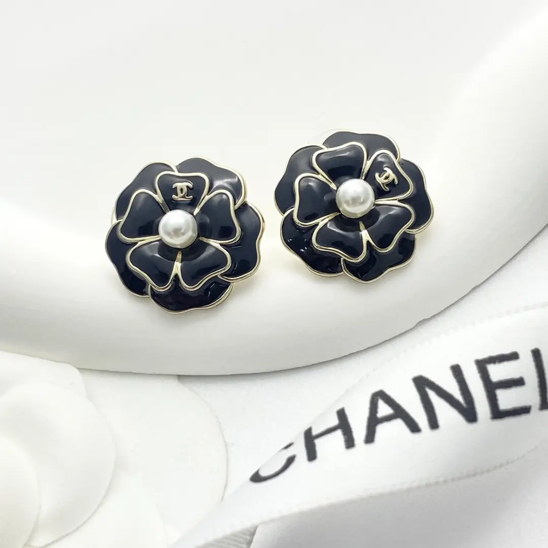 Chanel Black Camellia Earrings